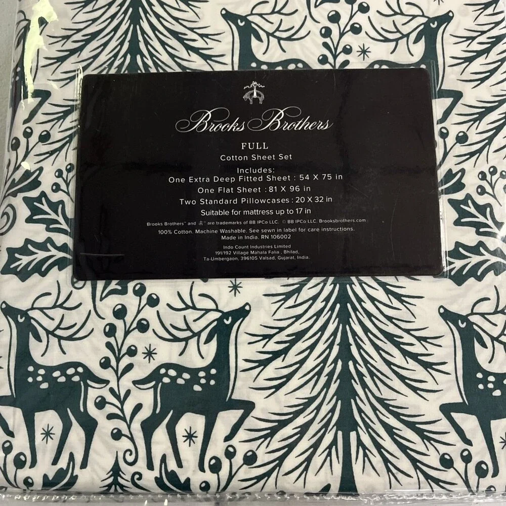 Brooks Brothers Full Cotton Sheet Set Green Reindeer Tree Holiday Woodland 4pc